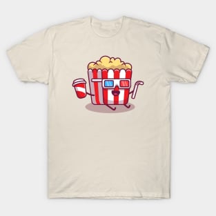 Cute Popcorn Holding Soda And Straw With 3D Movie Glasses T-Shirt